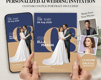 Invito di nozze personalizzato con foto, ritratto di coppia personalizzato con intelligenza artificiale, Save the Date digitale, non è necessario un servizio fotografico.