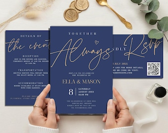 Marinblått bröllopsinbjudningsset | Redigerbar Canvas bröllopssvit | Mall för mottagningsdetaljer och OSA-kort