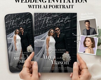Personlig bröllopsinbjudan med AI-porträtt | Anpassad spara-datum-inbjudan