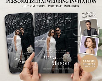 Benutzerdefinierte Hochzeitseinladung mit AI Paar Porträt, personalisierte digitale Einladung, kein Fotoshooting erforderlich, Save the Date