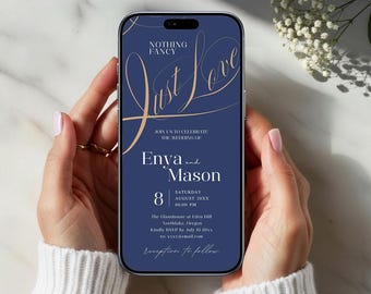 Digital nichts Besonderes Just Love Einladung Vorlage - Bearbeitbare Canva - Blau und Gold Script Sofortiger Download