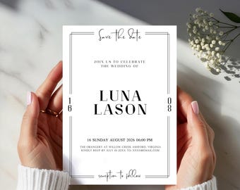 Moderne schwarze Save The Date-Vorlage, minimalistische Hochzeitseinladung (Digital Download, Canva Editable, 5x7 Zoll)