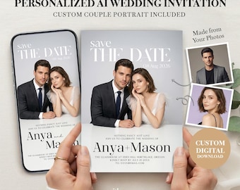 Faire-part photo de mariage personnalisé, portrait de couple IA personnalisé, réservez la date numérique, aucune séance photo nécessaire
