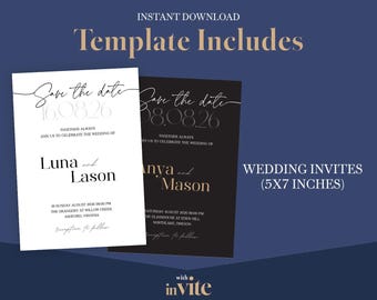 Moderne schwarze Save The Date-Vorlage, minimalistische Hochzeitseinladung (Digital Download, Canva Editable, 5x7 Zoll)