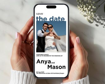 Digitale Save the Date Hochzeitsvorlage | Hochzeits-Magazin-Cover-Stil | Moderne Minimal Canva Digitale Einladung