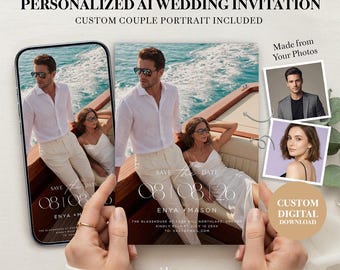 Faire-part photo de mariage personnalisé, portrait de couple IA personnalisé, réservez la date numérique, aucune séance photo nécessaire