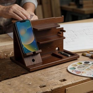 May include: A dark brown wooden desk organizer with a built-in phone stand, small shelves, and a tray for pens and accessories. A smartphone is displayed in the stand. The organizer sits on a wooden workbench with art supplies.