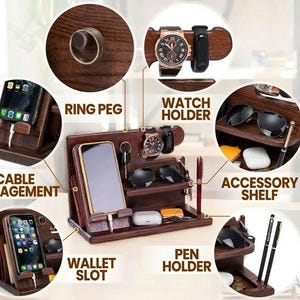 Könnte beinhalten: Ein dunkelbrauner Holz-Organizer mit mehreren Fächern. Zu den Merkmalen gehören ein Telefonständer, eine Uhrenhalterung, ein Zubehörregal, ein Stifthalter und ein Geldschlitz. Der Organizer verfügt außerdem über Kabelmanagement und einen Ringstift.