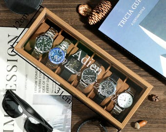 Wide Wood Watch Box -Mens 3Slot and 6 Slot Watch Display Case with Personalized Lid for Him, 5th Year Anniversary ,Birthday ,Honeymoon Gift