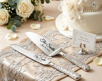 Juego para cortar la tarta de boda / Servidor y cuchillo para tarta con relieve floral vintage, regalo de recuerdo de boda personalizado grabado