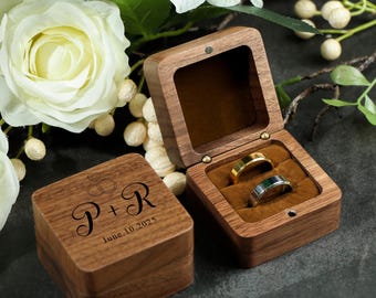 Personalized Engagement Ring Box, Wood Ring Box For Wedding Ceremony, Engraved Wooden Ring Box, Anniversary Gift, Proposal Ring Bearer Box