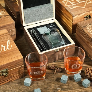Personalized Whiskey Glasses Set with Wooden Box, Groomsmen Gifts, Best Man Gift, Father Gifts, Boyfriend Gift, Bachelor Party Gifts for Men
