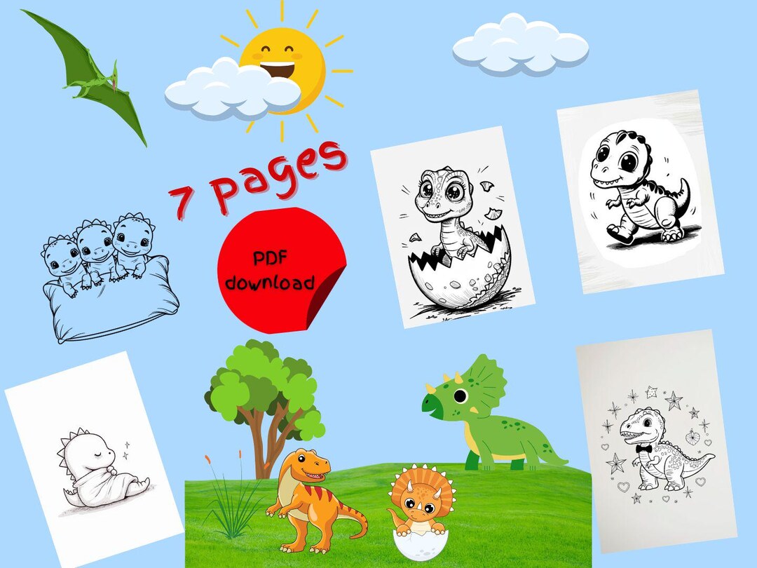 Cute Dinosaur Coloring Pages – Kawaii Digital Printables for Kids ...