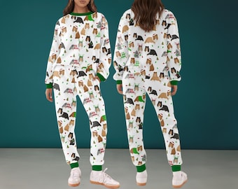 Kerst ruw collie zijdezacht satijnen pyjama voor dames en kinderen, leuke vakantie-outfit voor hond, grappige kerstloungewear, hondenliefhebber cadeau trainingspak