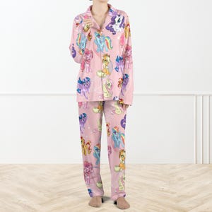 Little Pony Cute Silky Satin Pajama Set For Women And Kids, Kawaii Animal Pajamas for Women, Long Sleeve Button Up PJ Set, Cozy Lounge Wear image 4