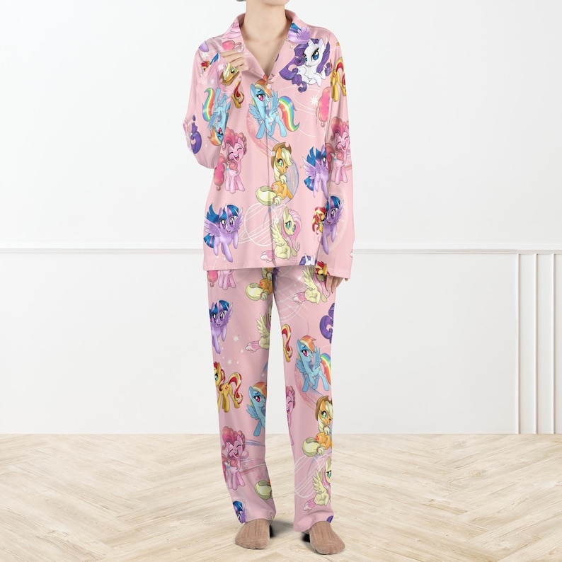 Little Pony Cute Silky Satin Pajama Set For Women And Kids, Kawaii Animal Pajamas for Women, Long Sleeve Button Up PJ Set, Cozy Lounge Wear image 4