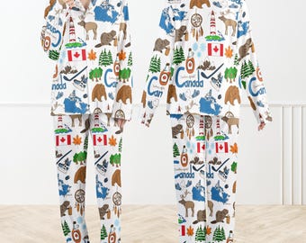 Canada Print Pajamas Set For Women And Kids, Maple Leaf Moose Print PJs, Canadian Themed Sleepwear for Women, Canada Gift Loungewear