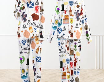 Schotland zijdezachte satijnen pyjama voor dames en kinderen, Schotse symbolen nachtkleding, Highland Gift PJS, Travel Lover Loungewear, unieke Keltische PJS