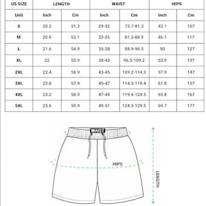 May include: A chart detailing the measurements for all-over print Hawaiian shorts. The chart includes US sizes, length in inches and centimeters, waist in inches and centimeters, and hips in inches and centimeters. A diagram of the shorts is also included.