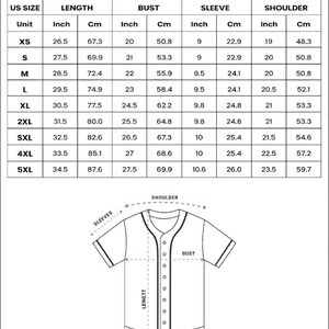 以下が含まれることがあります： 白地に黒のトリムが入った野球のユニフォームの画像。インチとセンチメートルで測定されたサイズチャートが付属しています。XSから5XLまでのサイズがリストされ、長さ、バスト、袖、肩の寸法が詳細に記載されています。テキストは「ALL-OVER PRINT UNISEX BASEBALL JERSEY」と表示されています。