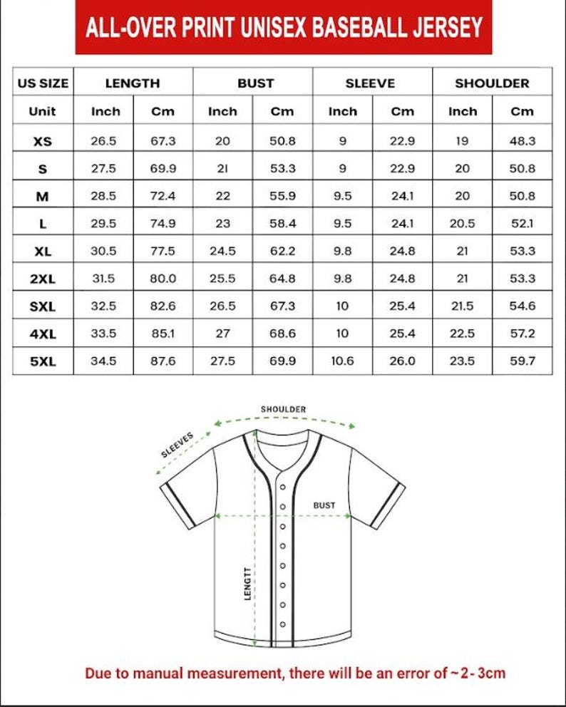 以下が含まれることがあります： 白地に黒のトリムが入った野球のユニフォームの画像。インチとセンチメートルで測定されたサイズチャートが付属しています。XSから5XLまでのサイズがリストされ、長さ、バスト、袖、肩の寸法が詳細に記載されています。テキストは「ALL-OVER PRINT UNISEX BASEBALL JERSEY」と表示されています。