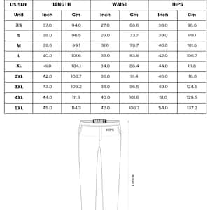 Peut inclure: Tableau des tailles de pantalons de pyjama pour adultes, avec mesures de longueur, de taille et de hanches en pouces et en centim&egrave;tres. Tailles allant de XS &agrave; 5XL. Un sch&eacute;ma illustre les points de mesure.
