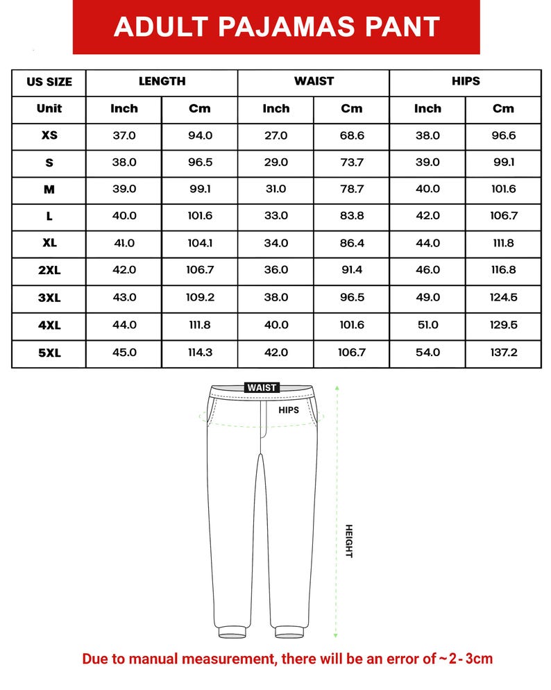 Peut inclure: Tableau des tailles de pantalons de pyjama pour adultes, avec mesures de longueur, de taille et de hanches en pouces et en centim&egrave;tres. Tailles allant de XS &agrave; 5XL. Un sch&eacute;ma illustre les points de mesure.