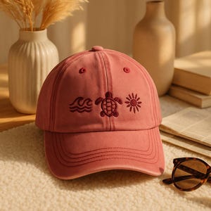 Pode incluir: Boné de beisebol rosa empoeirado com desenhos bordados de ondas, uma tartaruga e um sol. O boné tem uma aba curva e um design de seis painéis. O boné é feito de um tecido macio e texturizado e tem um botão superior.