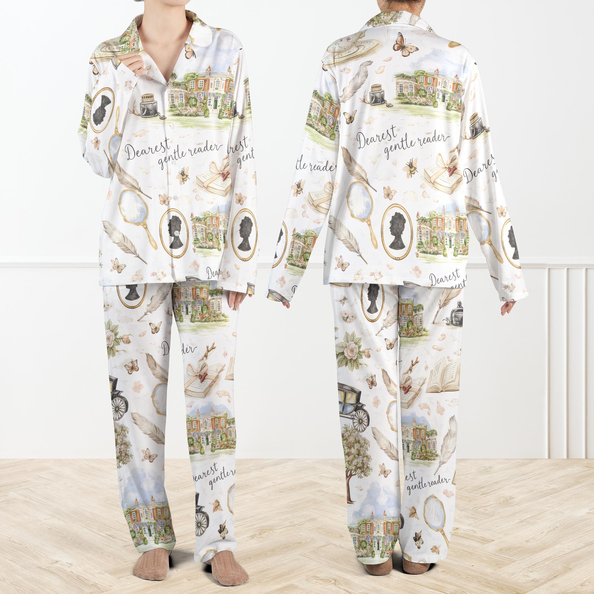 Discover Lady Whistledown's Tea House Casual Pajama Set For Women, Vintage Tea Party Sleepwear, Cozy Literary Pajamas, Elegant Long Sleeve PJs