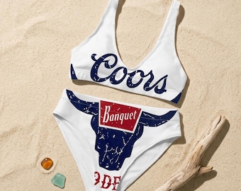 Funny Beer Bikini Set For Women, Western Cowgirl Swimsuit, Coors Style Graphic Two Piece, Rodeo Bull Skull Swimwear, Summer Beach Outfit