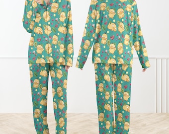 Psyduck schattig geïnspireerde pyjamaset voor dames en kinderen, grappige eend anime familie pyjama's, kawaii bijpassende nachtkleding, gezellige loungeset