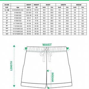 Puede incluir: Pantalones cortos de pijama de sat&eacute;n con cintura con cord&oacute;n, junto con una tabla de tallas que detalla las medidas en pulgadas y cent&iacute;metros para tallas de ni&ntilde;os y j&oacute;venes, desde 12-18 meses hasta 13-14 a&ntilde;os. El texto indica un posible error de medici&oacute;n de 1-3 cm.
