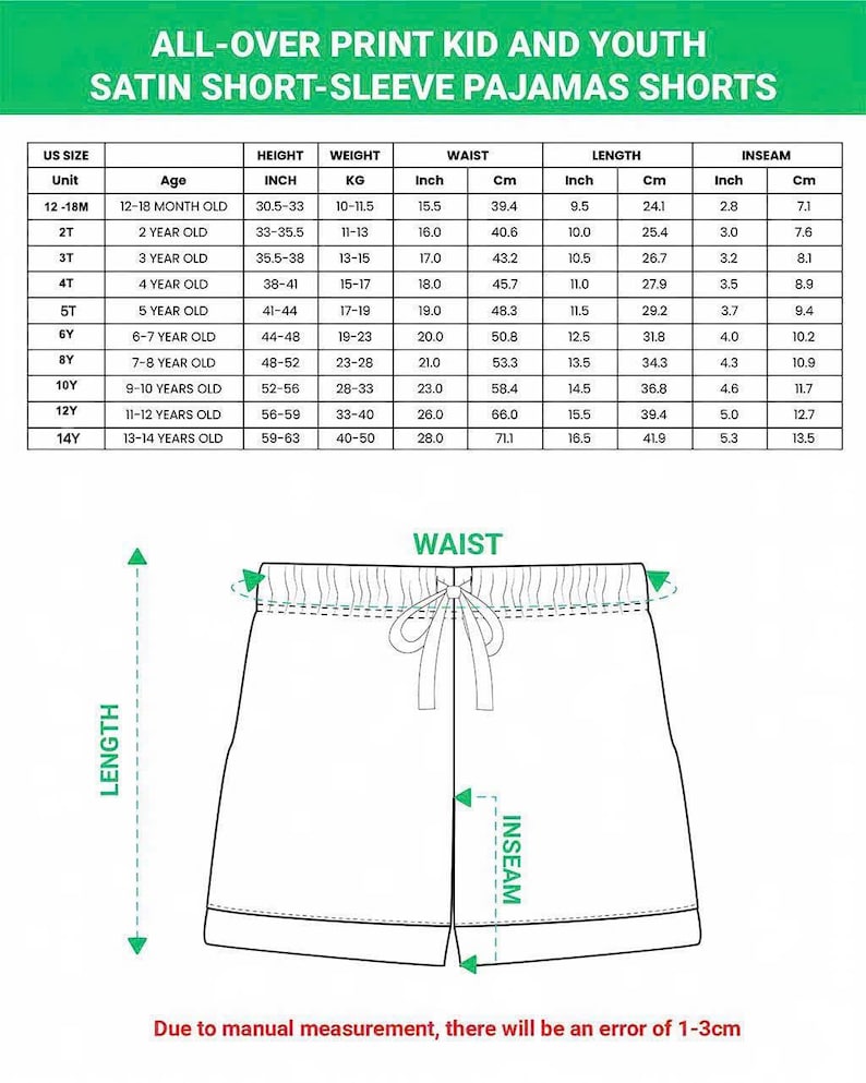 Puede incluir: Pantalones cortos de pijama de sat&eacute;n con cintura con cord&oacute;n, junto con una tabla de tallas que detalla las medidas en pulgadas y cent&iacute;metros para tallas de ni&ntilde;os y j&oacute;venes, desde 12-18 meses hasta 13-14 a&ntilde;os. El texto indica un posible error de medici&oacute;n de 1-3 cm.