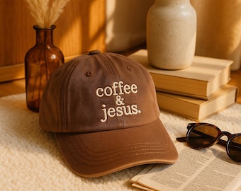 Embroidered Coffee and Jesus Cap: Christian Graphic Washed Cotton Hat