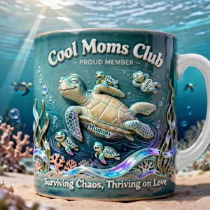 May include: A teal ceramic mug with a white handle, featuring a 3D relief design of a sea turtle family. The mug reads "Cool Moms Club - PROUD MEMBER" and "Surviving Chaos, Thriving on Love". The turtles are named Mummy, Tracy, Sophia, Alex, and Jolly.