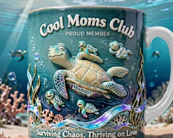Personalized Turtle Mom Mug, Cool Moms Club Mug, Sea Turtle Family Mug, Custom Kids Names Coffee Cup, Mother’s Day Gift