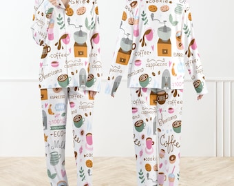 Koffie zijdezachte satijnen pyjamaset voor vrouwen, schattige nachtkleding met koekjesprint, gezellige loungekleding met lange mouwen, cadeau voor koffieliefhebbers