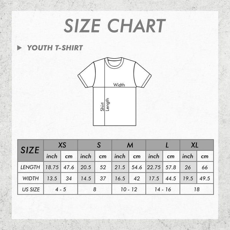 May include: A size chart for youth t-shirts, with measurements in inches and centimeters. The chart includes sizes XS to XL, detailing shirt length and width, and corresponding US sizes. The text "SIZE CHART" is at the top.