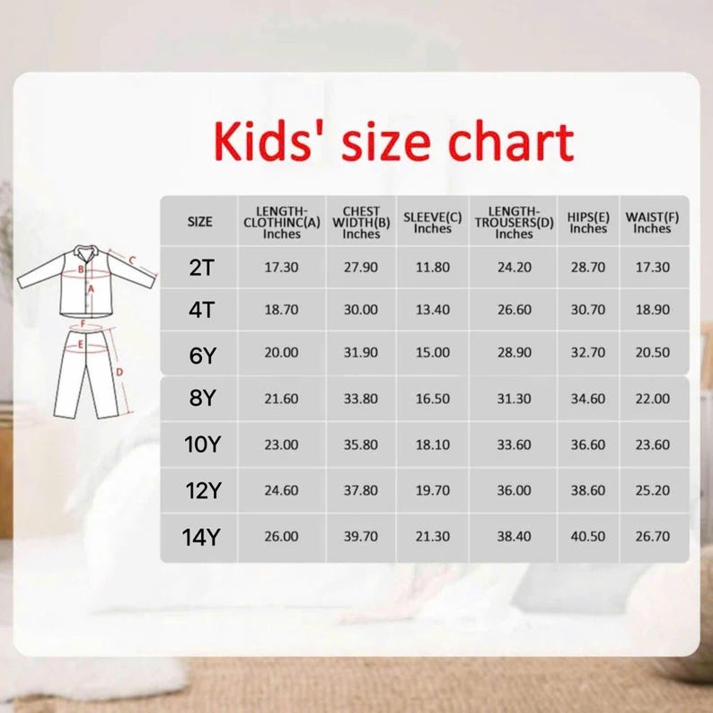 Puede incluir: Tabla de tallas de ropa infantil en blanco, con medidas en pulgadas. La tabla incluye tallas de 2T a 14Y, detallando la longitud de la ropa, el ancho del pecho, la longitud de la manga, la longitud del pantal&oacute;n, etc.