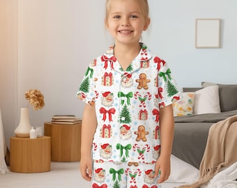 Coquette Christmas Satin Pajama Set For Women Anh Kisd, Christmas Pajamas, Santa Gingerbread Tree Holiday Sleepwear Set