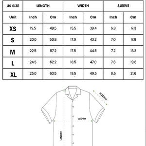 May include: A white diagram of a youth short-sleeve Hawaiian shirt with measurements in inches and centimeters. The chart shows sizes XS to XL, with length from 19.5 to 25 inches (49.5 to 63.5 cm), width from 15.5 to 19.5 inches (39.4 to 49.5 cm), and sleeve from 6.8 to 8.6 inches (17.3 to 21.6 cm).