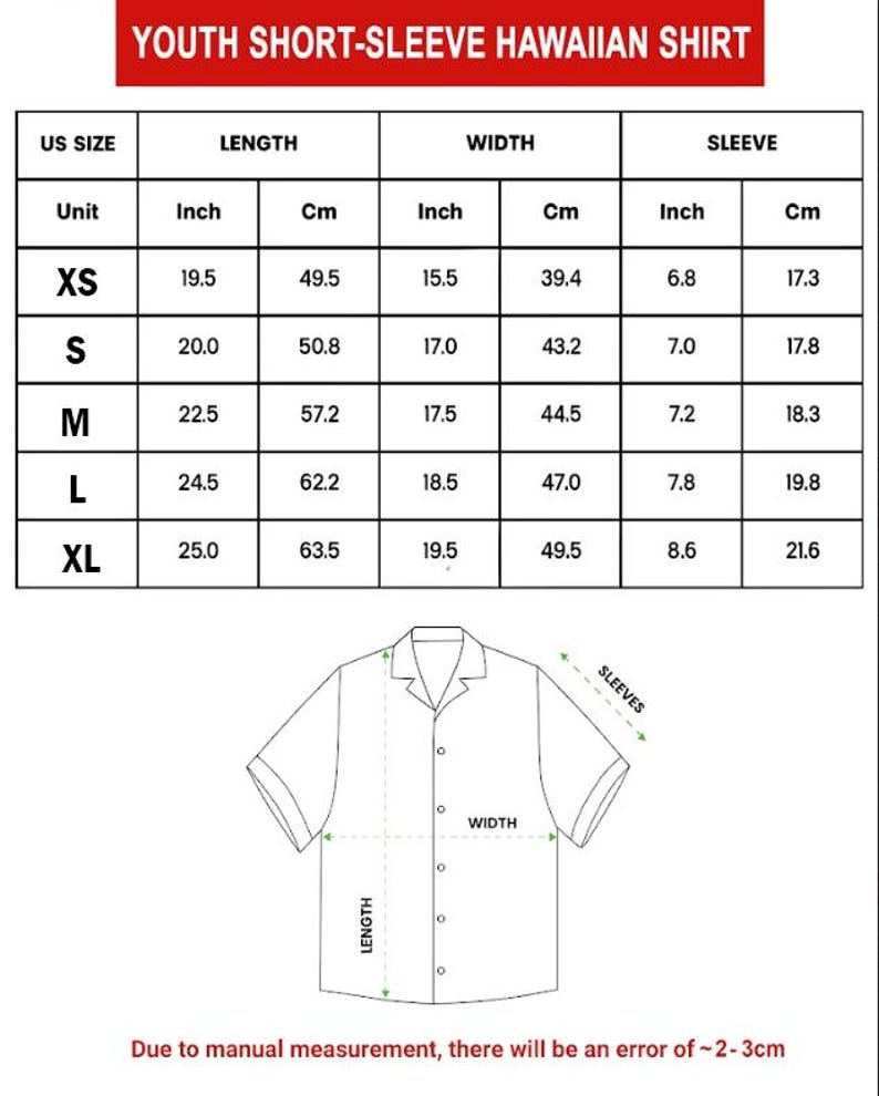 May include: A white diagram of a youth short-sleeve Hawaiian shirt with measurements in inches and centimeters. The chart shows sizes XS to XL, with length from 19.5 to 25 inches (49.5 to 63.5 cm), width from 15.5 to 19.5 inches (39.4 to 49.5 cm), and sleeve from 6.8 to 8.6 inches (17.3 to 21.6 cm).