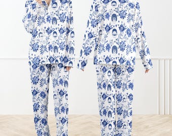 Chinoiserie Floral Bobs Burgers Pajama Set For Women, Tina Belcher PJs, Blue Floral Cartoon Sleepwear, Funny TV Show Pajamas, Gift For Her