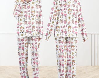 Mamapyjamaset voor vrouwen, schattige moedernachtkleding, pyjama voor wijnliefhebbers, loungekleding met bloemenhartprint, Moederdagcadeau voor moeder