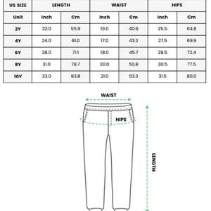 Peut inclure: Tableau des tailles pour pantalons de pyjama pour enfants, avec mesures en pouces et centim&egrave;tres. Tailles de 2Y &agrave; 10Y, avec mesures de longueur, taille et hanches. Un sch&eacute;ma montre les points de mesure sur le pantalon.