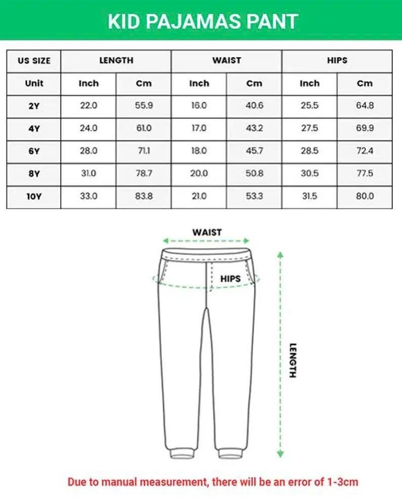 Peut inclure: Tableau des tailles pour pantalons de pyjama pour enfants, avec mesures en pouces et centim&egrave;tres. Tailles de 2Y &agrave; 10Y, avec mesures de longueur, taille et hanches. Un sch&eacute;ma montre les points de mesure sur le pantalon.