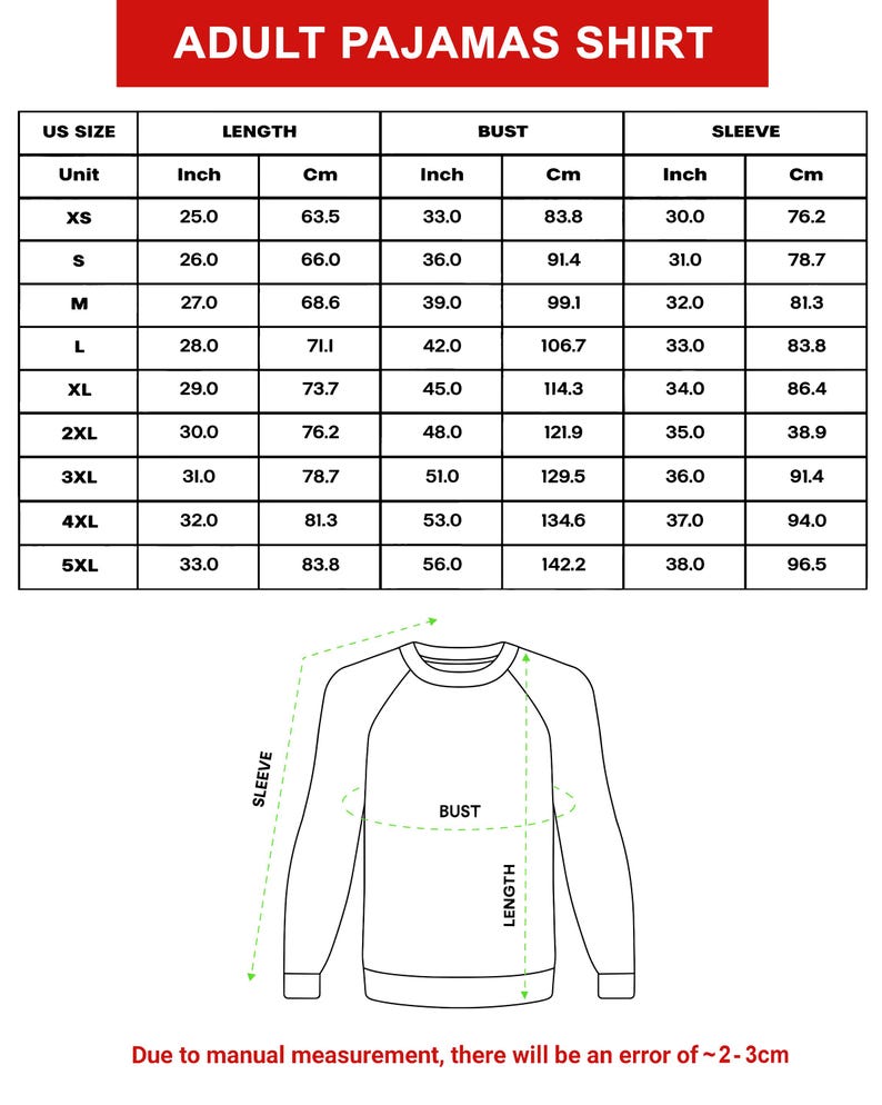 Peut inclure: Tableau des tailles pour chemises de pyjama adultes, avec mesures en pouces et centim&egrave;tres. Tailles de XS &agrave; 5XL, avec dimensions de longueur, de poitrine et de manches. Le texte en haut indique "ADULT PAJAMAS SHIRT".