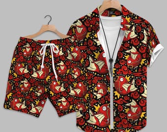 Magikarp Hawaiiaans shirt, grappige cartoon vis knop omhoog, op anime geïnspireerd tropisch shirt, zomervakantiecadeau, cadeau voor animefans