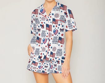 250 jaar vrijheid pyjama voor vrouwen, VS 1776-2026 pyjama's, patriottische nachtkleding, pyjama 4 juli, Amerikaanse vlag loungeset cadeau