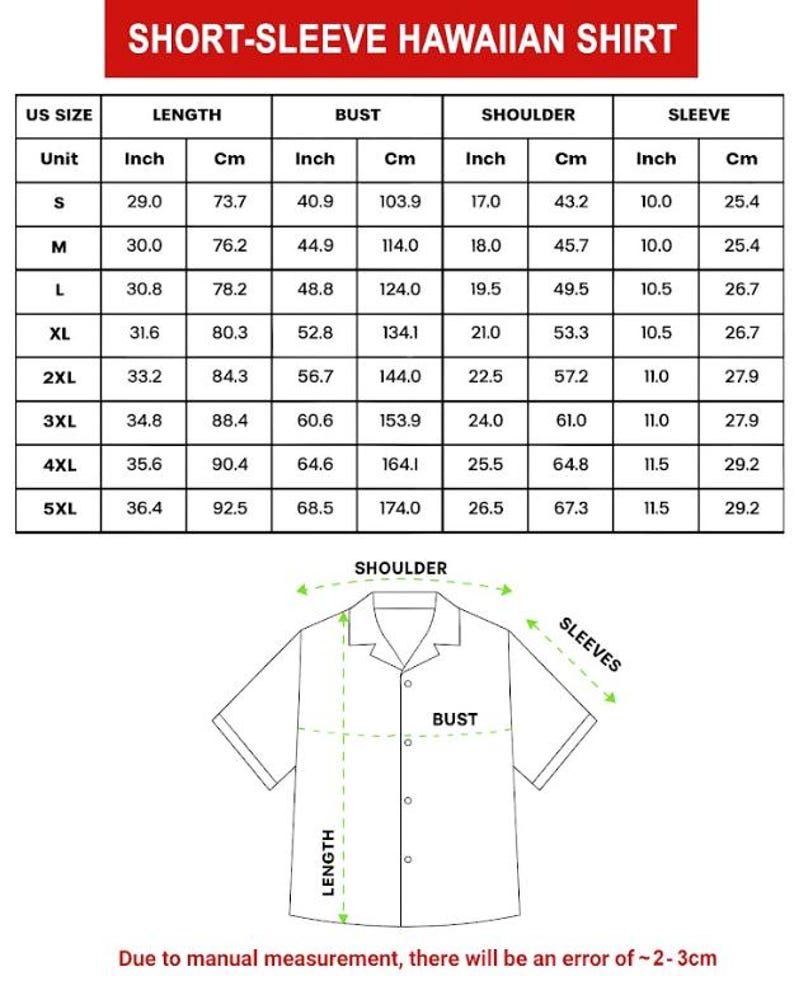 May include: A chart for a short-sleeve Hawaiian shirt, detailing measurements in inches and centimeters for various sizes. The chart includes length, bust, shoulder, and sleeve dimensions. A shirt diagram illustrates measurement points. Text at the bottom states manual measurements may vary.